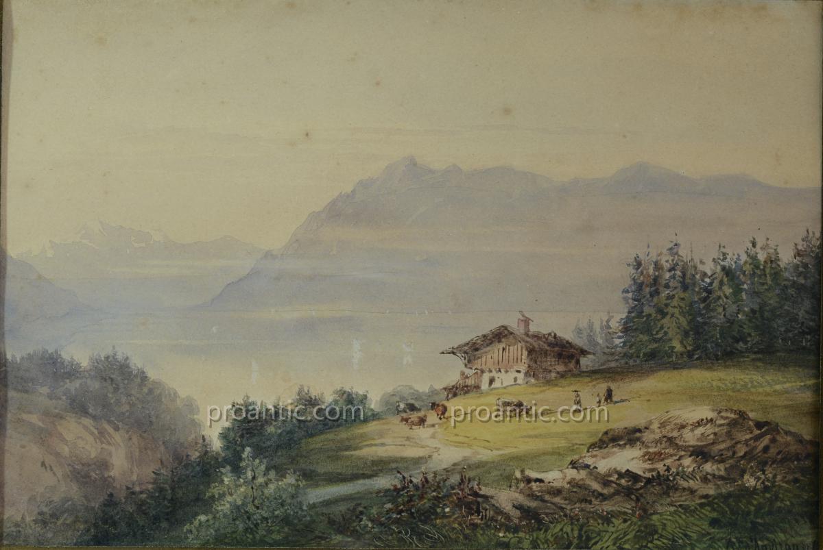 Aquarelle lac Léman Suisse Frédéric D'Andiran Bordeaux 1850-photo-2