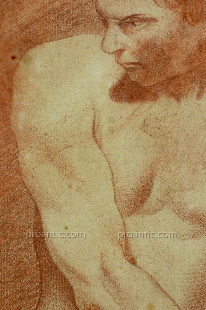 Beautiful Table Old Academie Nude Portrait Of Man 18 Th Drawing Sanguine Signed-photo-4