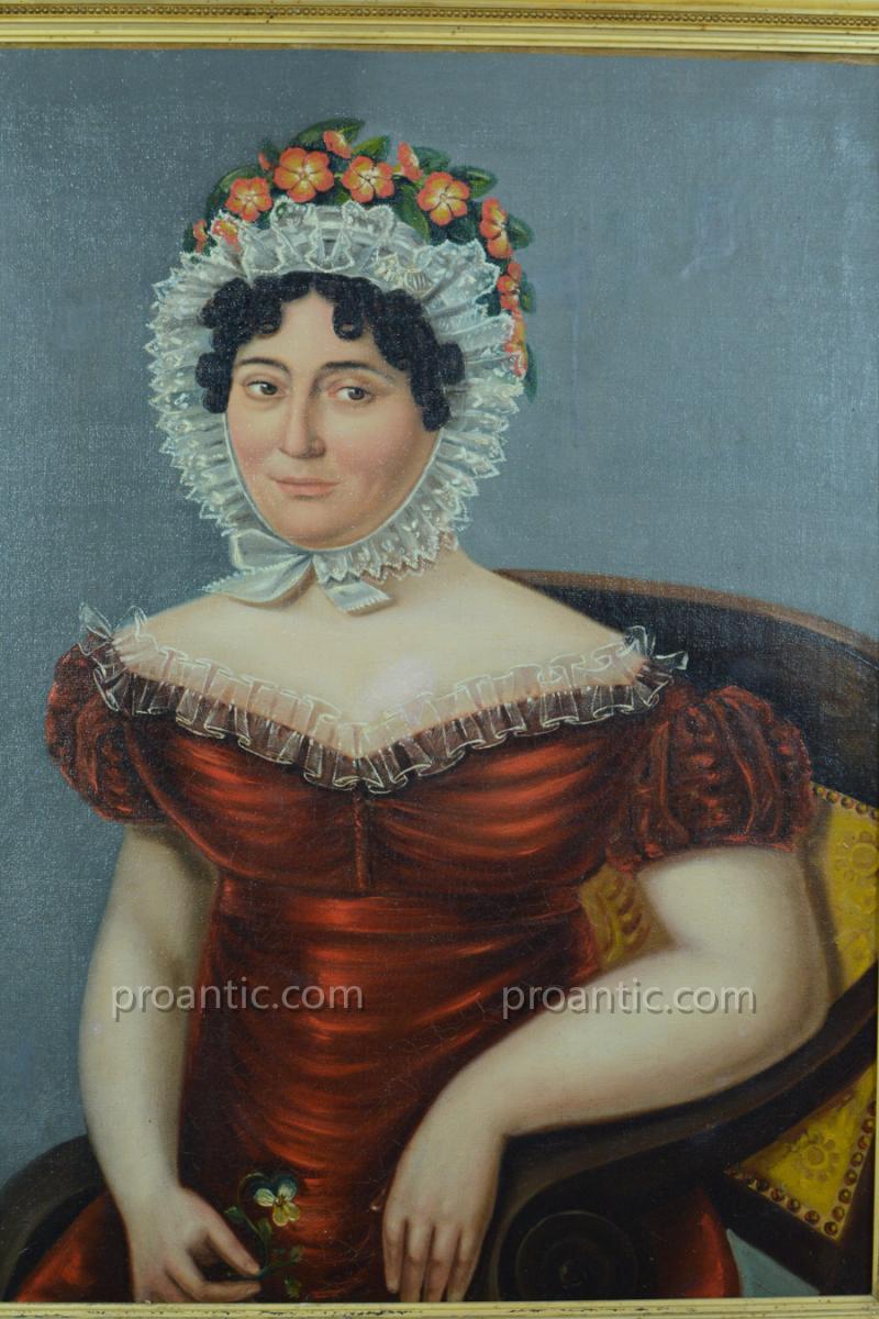 Tableau Ancien Portrait Empire Mariage Jeune Femme Coiffe Costume Coiffe Robe Hst XIXème