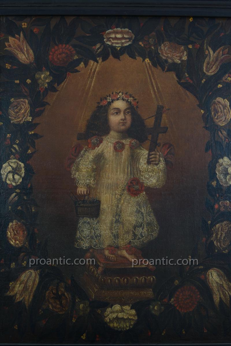 Tableau Baroque Religieux Portrait La Vierge Enfant Maria Bambina Signé Caniego Valladolid 17e -photo-2