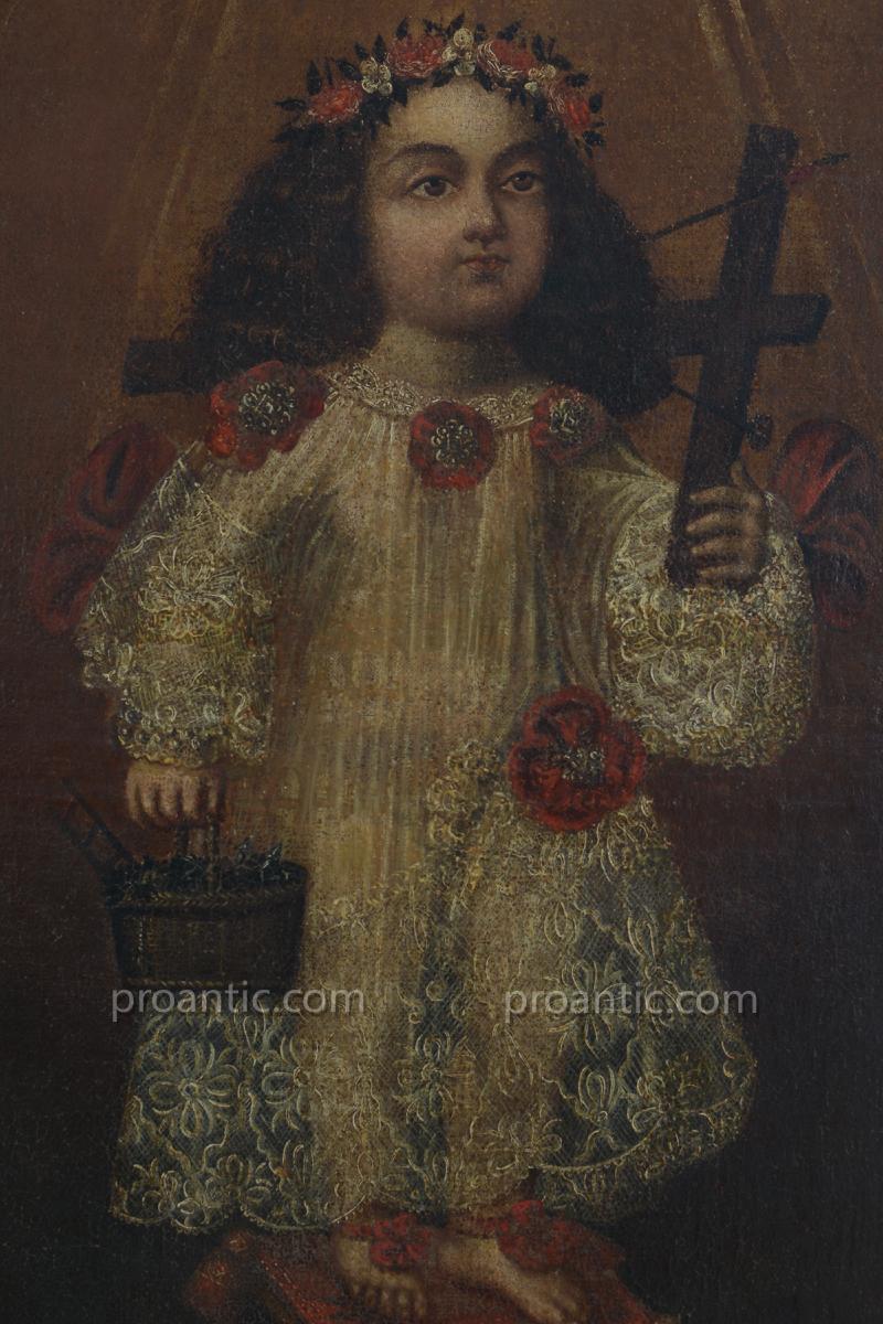 Tableau Baroque Religieux Portrait La Vierge Enfant Maria Bambina Signé Caniego Valladolid 17e -photo-3