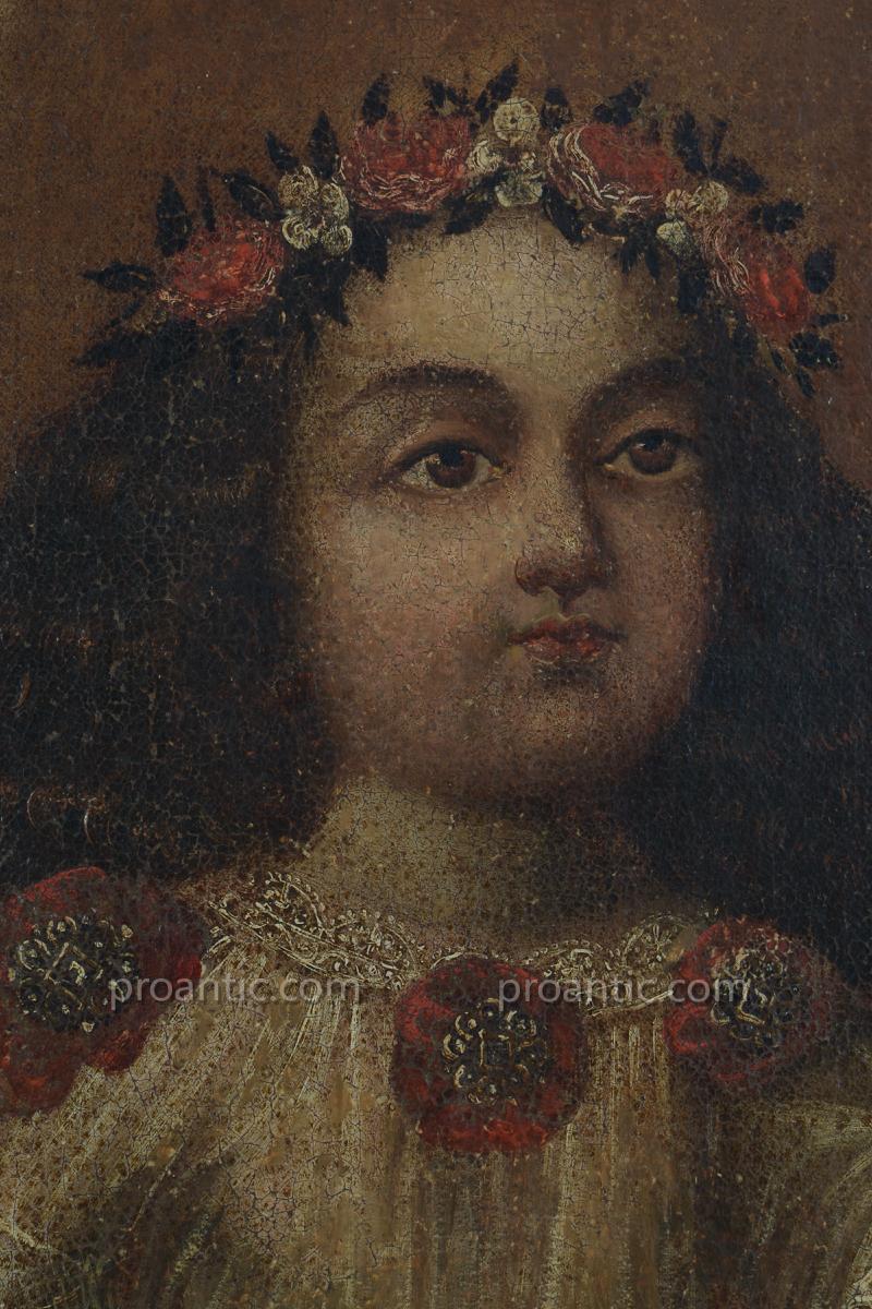 Tableau Baroque Religieux Portrait La Vierge Enfant Maria Bambina Signé Caniego Valladolid 17e -photo-4