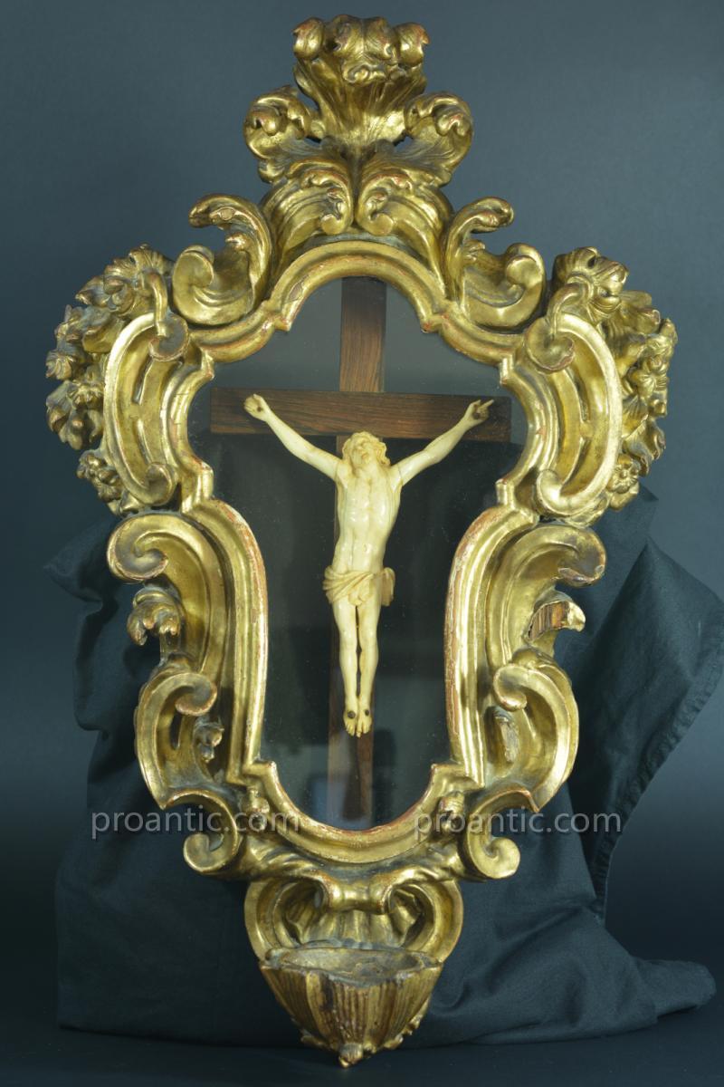 Grand Christ In Ivory 18th Baroque Golden Wood Frame Italy-photo-3