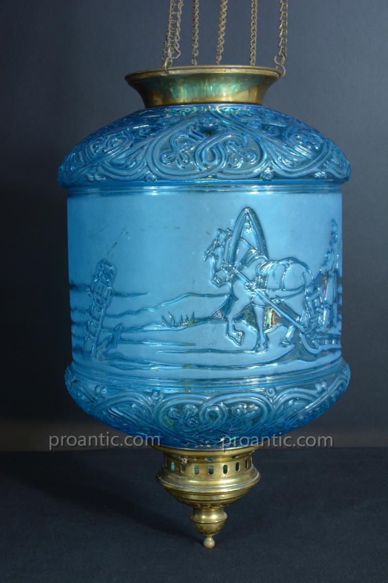 Lampe Lanterne Signée Baccarat Bleu Pétrole Russian Cossacks Hanging Lantern 19e-photo-2