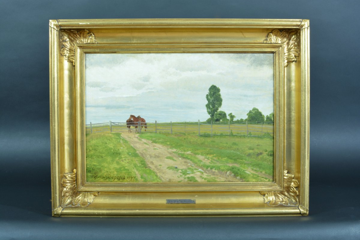 Joakim Skovgaard Skagen st. Chevaux Dans Un Paysage 19 ème Danemark Tableau Ancien 1877