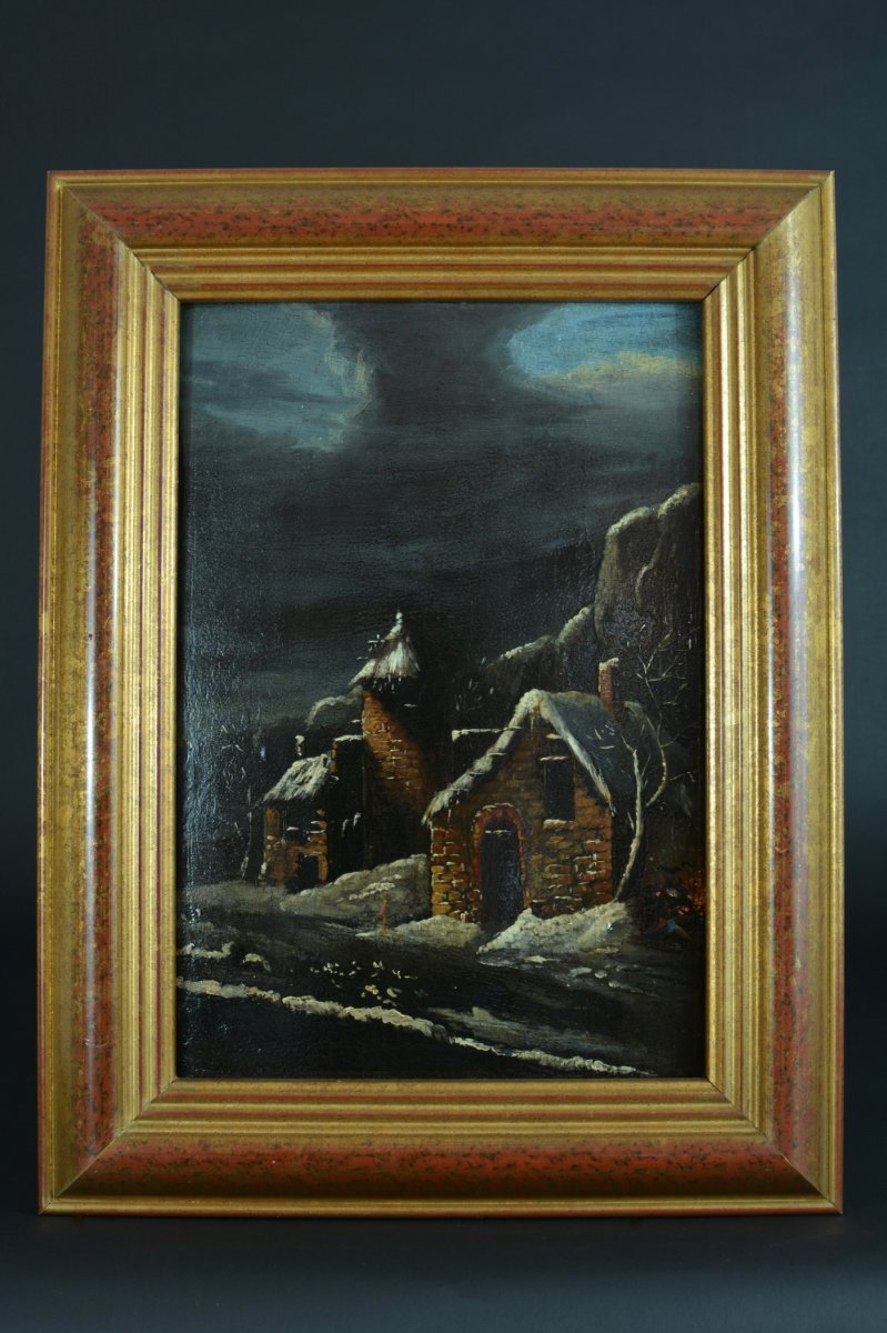 Beau Tableau Ancien Paysage Nocturne Sous La Neige Animé Sv Claude Malbranche-photo-2