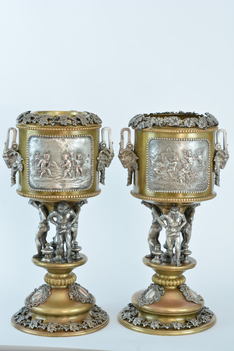 Pair Of Large Bottle Cooler In Silver Bronze In Atlas Louis XVI-photo-3
