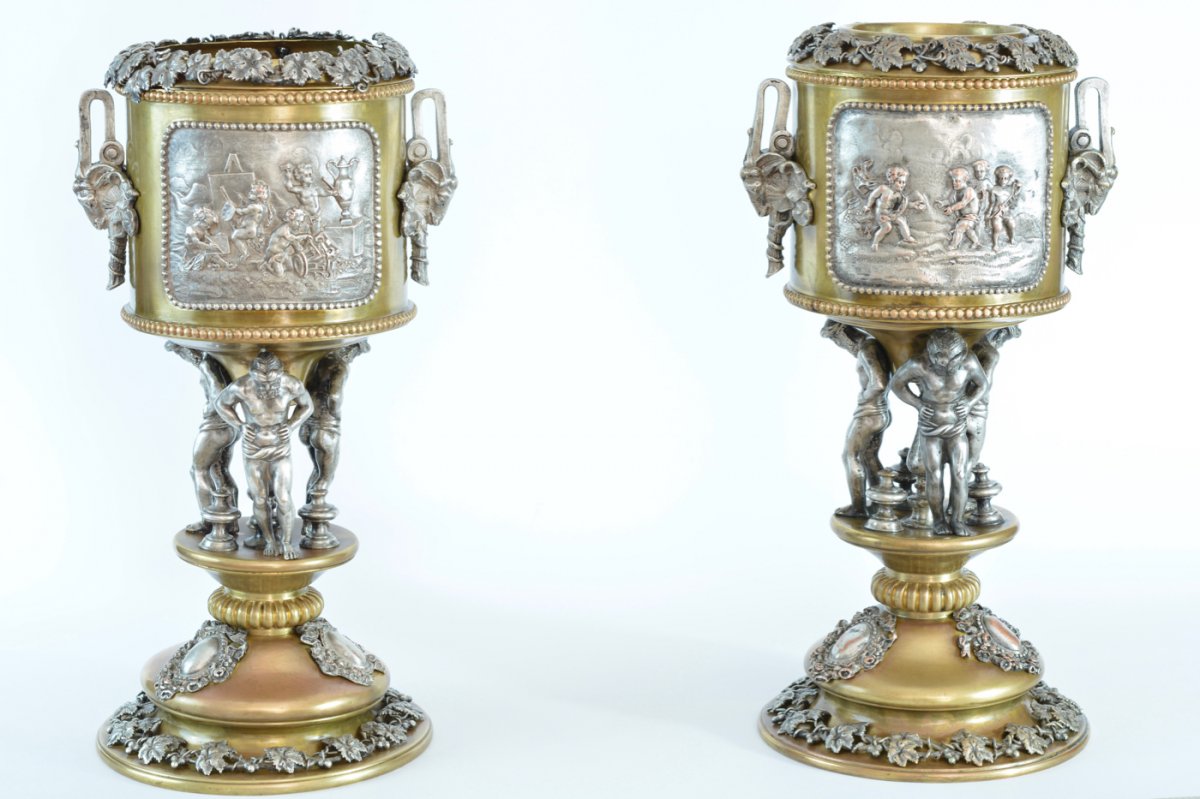 Pair Of Large Bottle Cooler In Silver Bronze In Atlas Louis XVI-photo-4