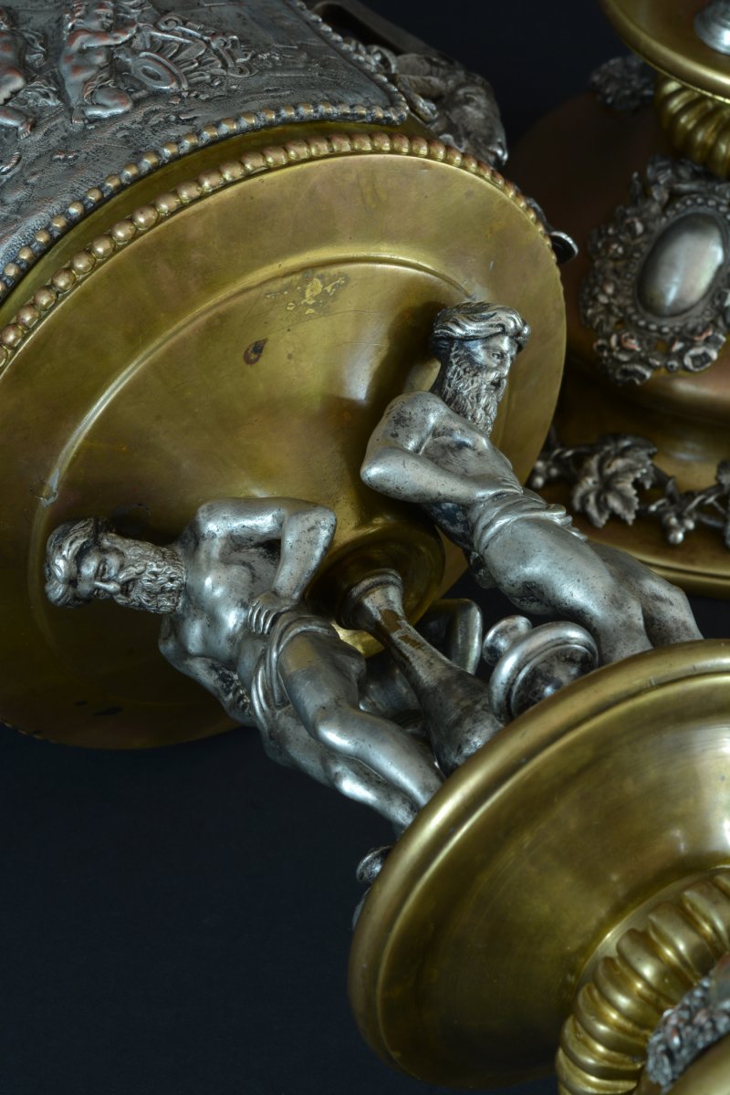 Paire De Grand Rafraîchissoir à Bouteille En Bronze Argent Aux Atlas Louis XVI-photo-3