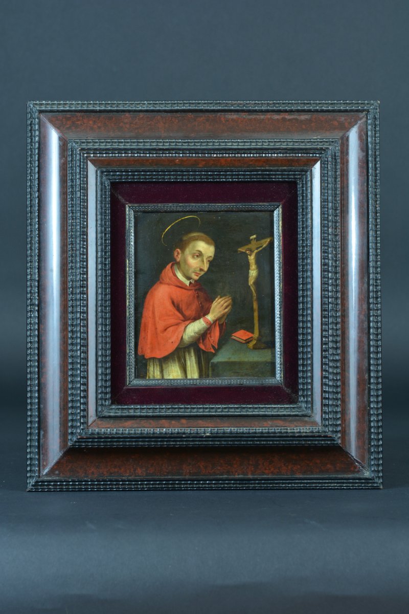 Beau Tableau Ancien Religieux 17ème Portrait De  Saint Charles de Borromée Cuivre Flamand-photo-3