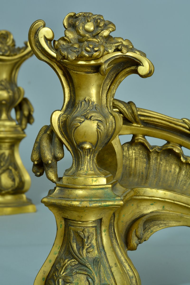 Antique Chenet Feu Louis XV Rocaille Vase Gilt Bronze Antique Fire Dogs Germain-photo-3