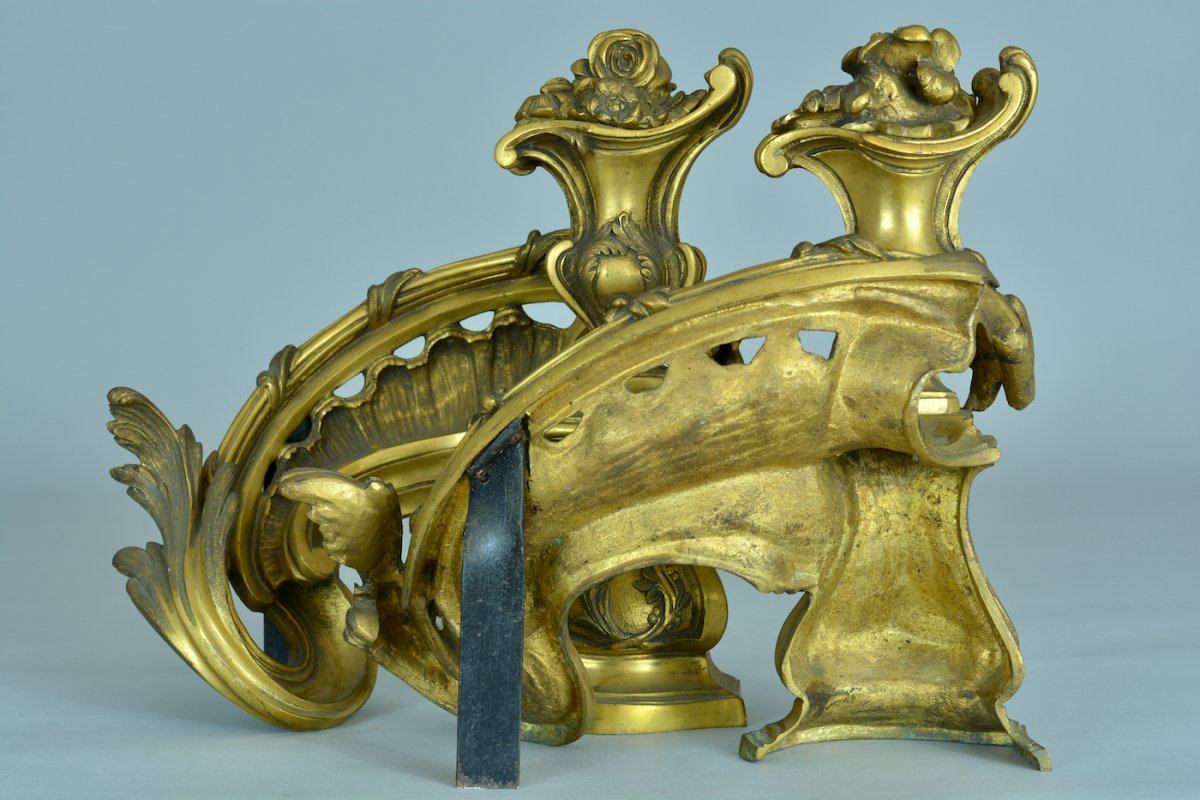 Antique Chenet Feu Louis XV Rocaille Vase Gilt Bronze Antique Fire Dogs Germain-photo-4