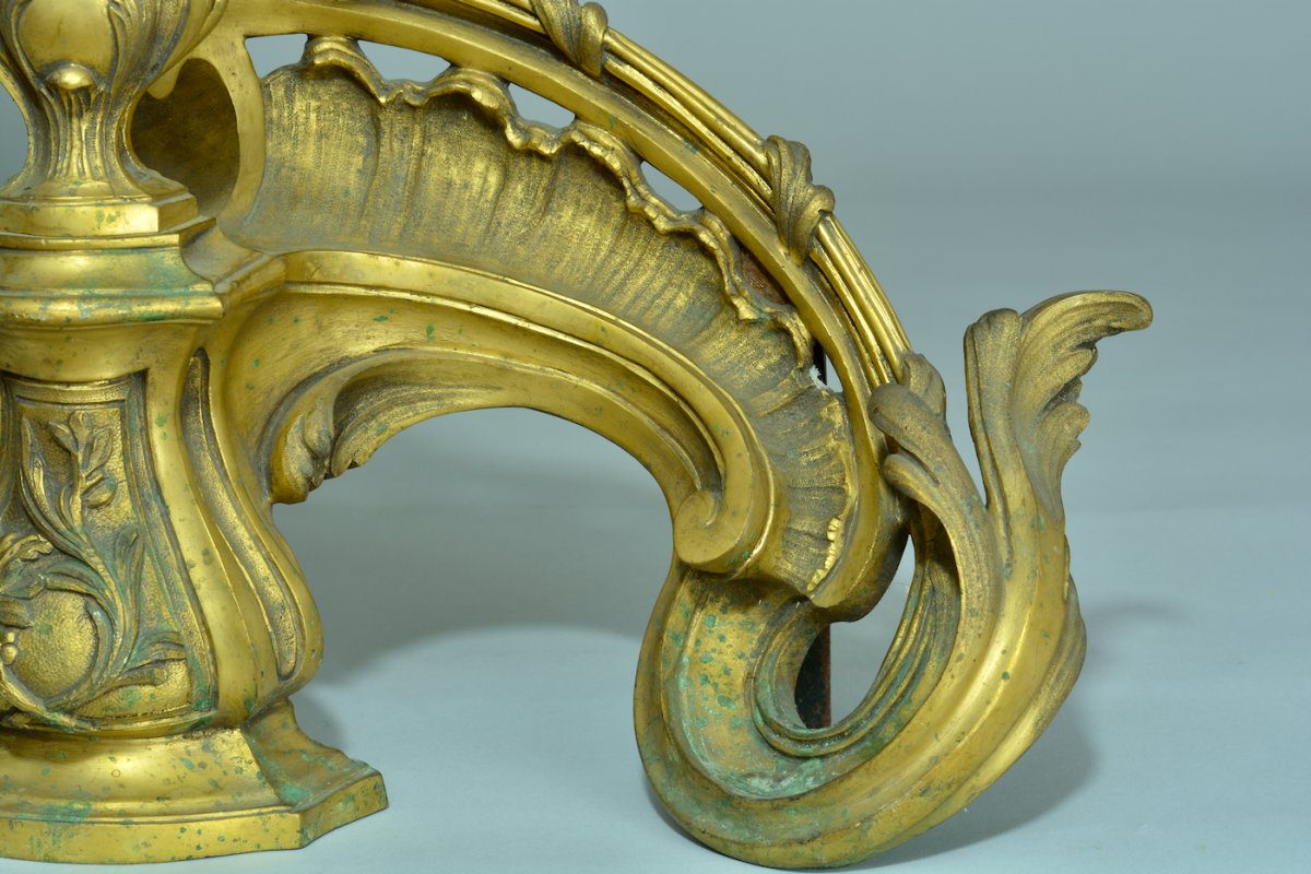 Antique Chenet Feu Louis XV Rocaille Vase Gilt Bronze Antique Fire Dogs Germain-photo-1