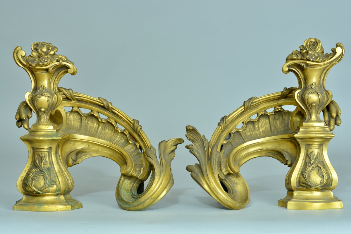 Antique Chenet Feu Louis XV Rocaille Vase Gilt Bronze Antique Fire Dogs Germain-photo-5