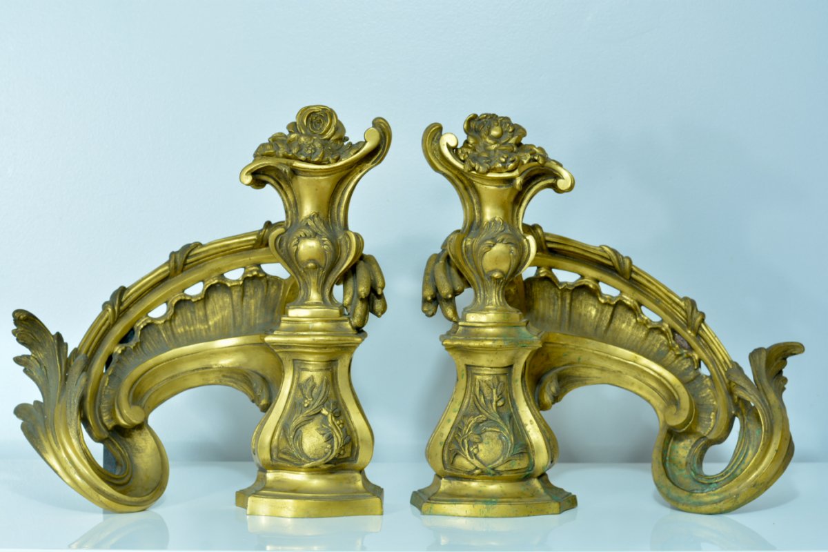 Ancien Chenet Feu Louis XV Rocaille Vase Bronze Doré Antique Fire Dogs Germain Déco Cheminée-photo-6