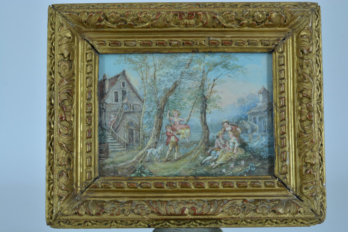 Tableau Ancien Paysage Animée école Française Scène Galante Jeu Balançoire 18 ème  Cadre-photo-2