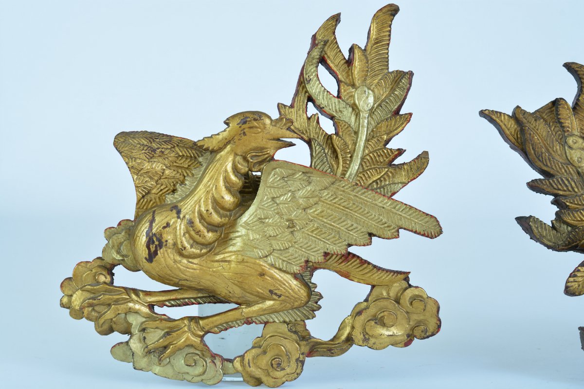 Old China Golden Wood Facing Phoenix Faced 18th Antique China Ornament-photo-2