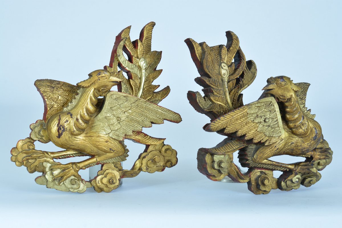Parement Bois Doré Ancien Chine Phoenix Affrontés 18 ème Antique China Ornement-photo-5