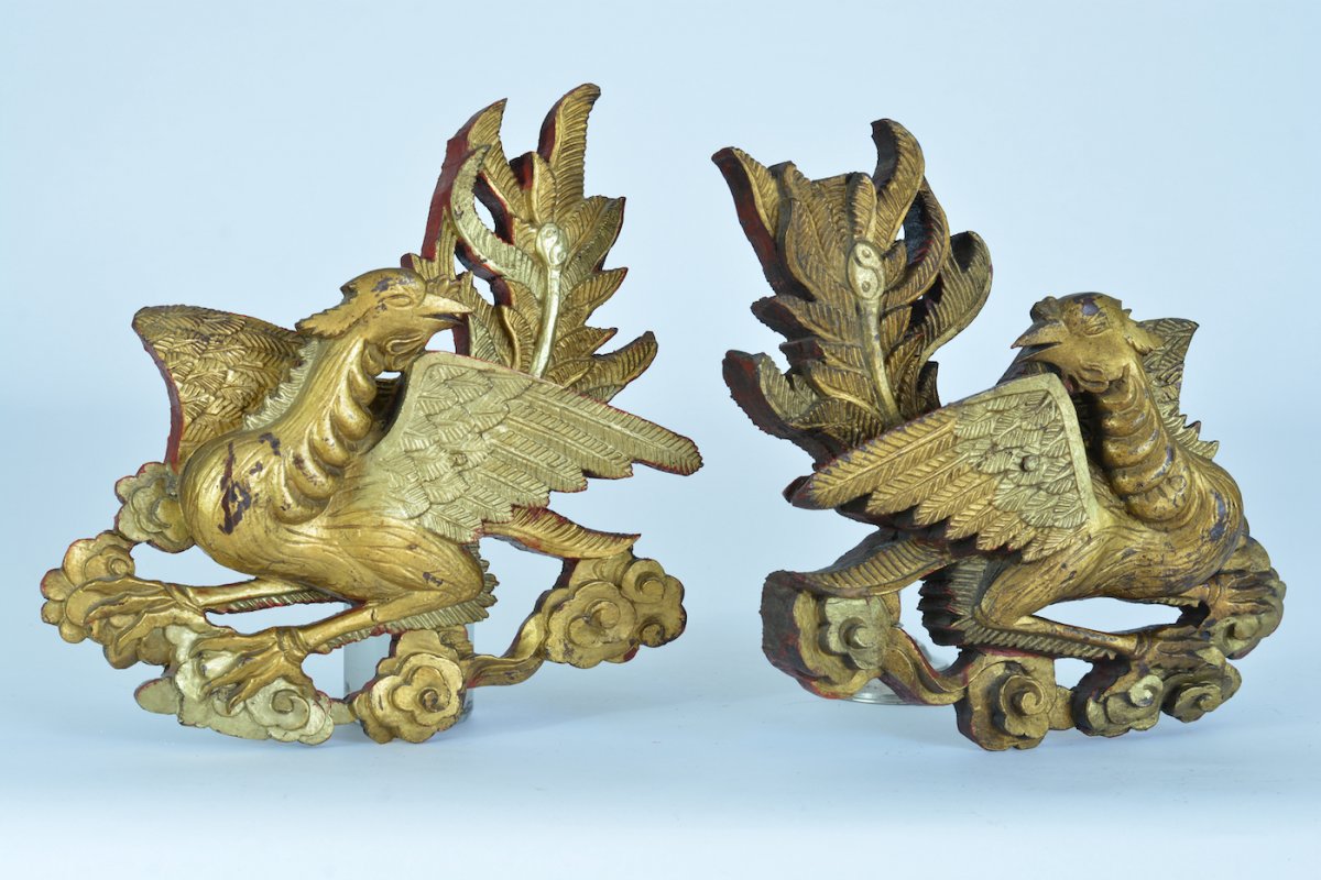 Old China Golden Wood Facing Phoenix Faced 18th Antique China Ornament-photo-5