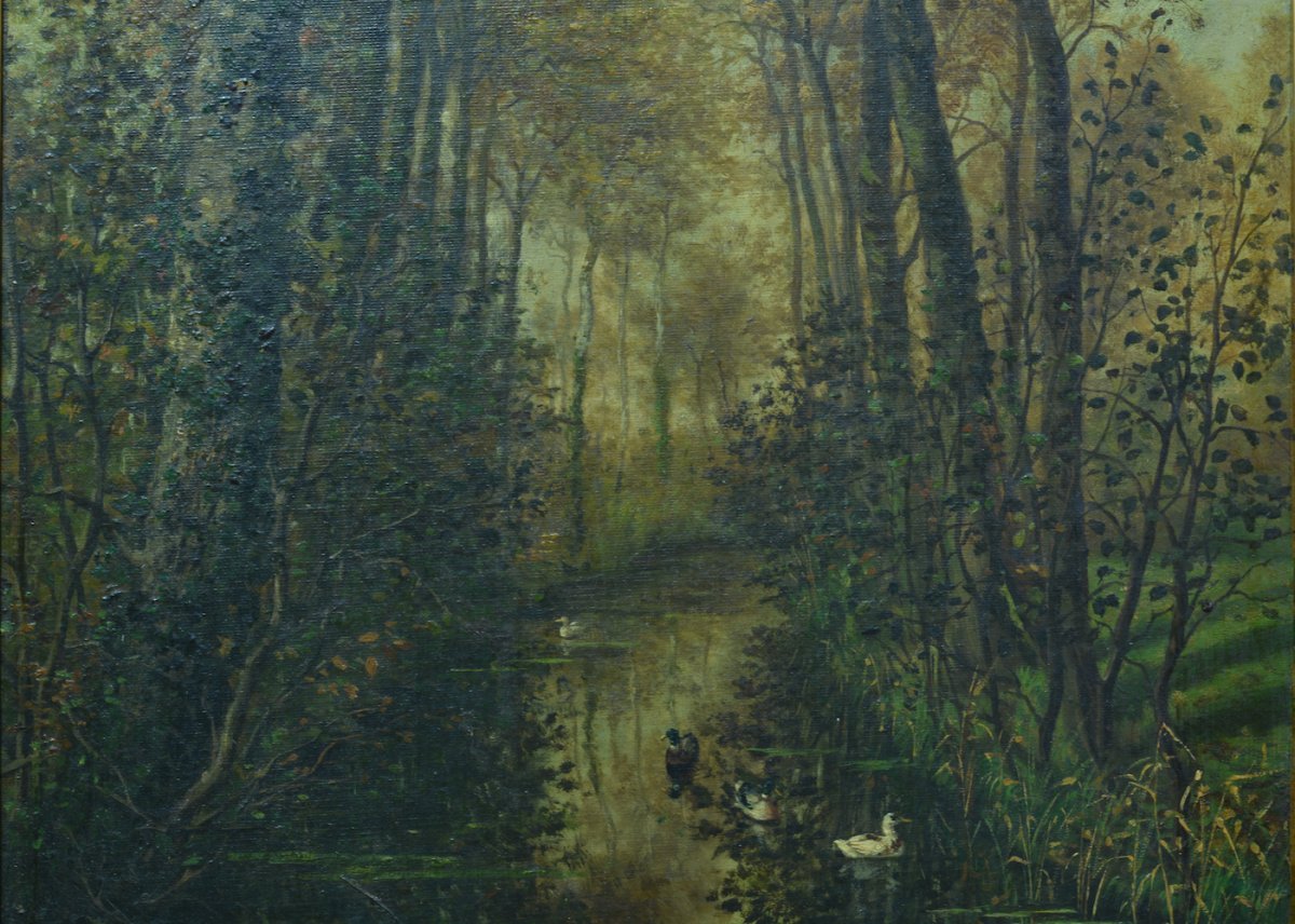 Tableau Ancien Edouard Reynart Lille Canard Sauvage Paysage Cours d'Eau 19ème-photo-1