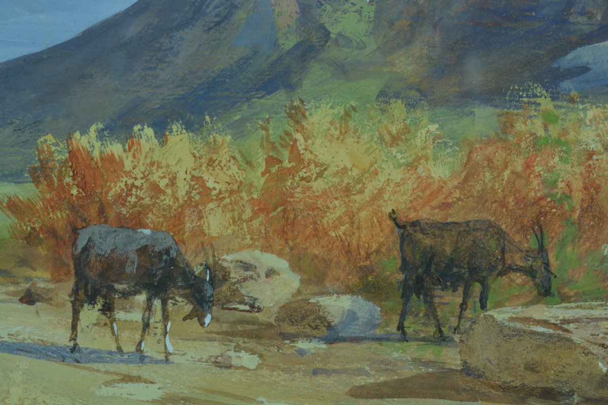 Beau Tableau Ancien Paysage Animé Aux Chèvres Provençal 19 ème Gouache Signée-photo-1