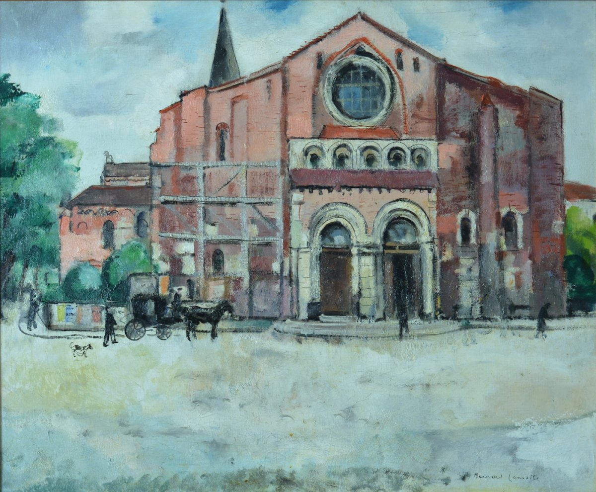 Paysage Animé Bernard Lamotte Place Saint Sernin Toulouse Art Deco Grand Tableau -photo-2