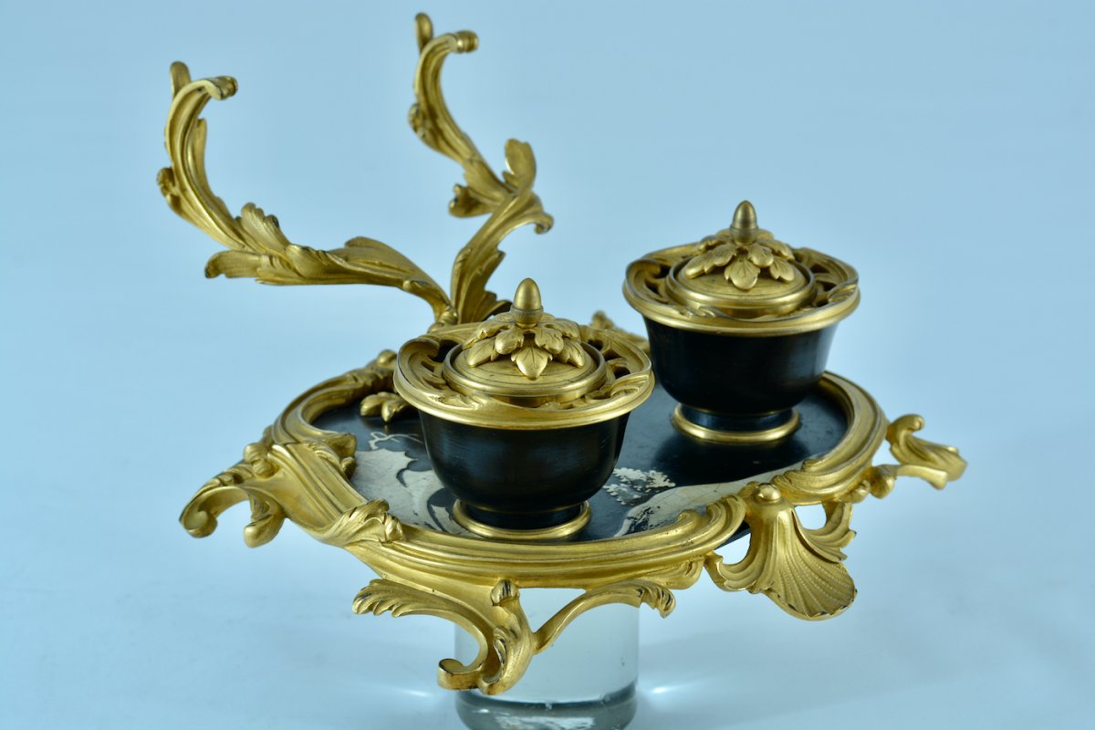 Beautiful Louis XV Rocaille Desk Inkwell Gilt Bronze Pen Holder Signed Millet François Linke Inkwel-photo-4