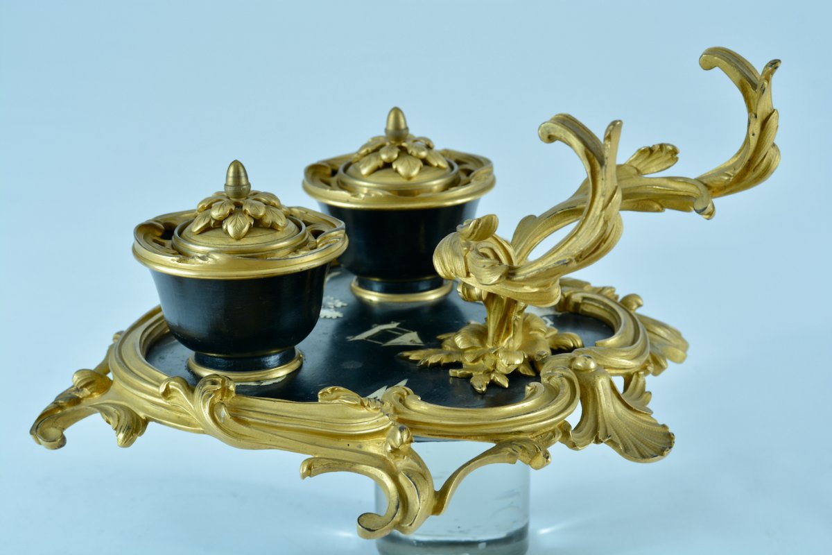 Beautiful Louis XV Rocaille Desk Inkwell Gilt Bronze Pen Holder Signed Millet François Linke Inkwel-photo-1