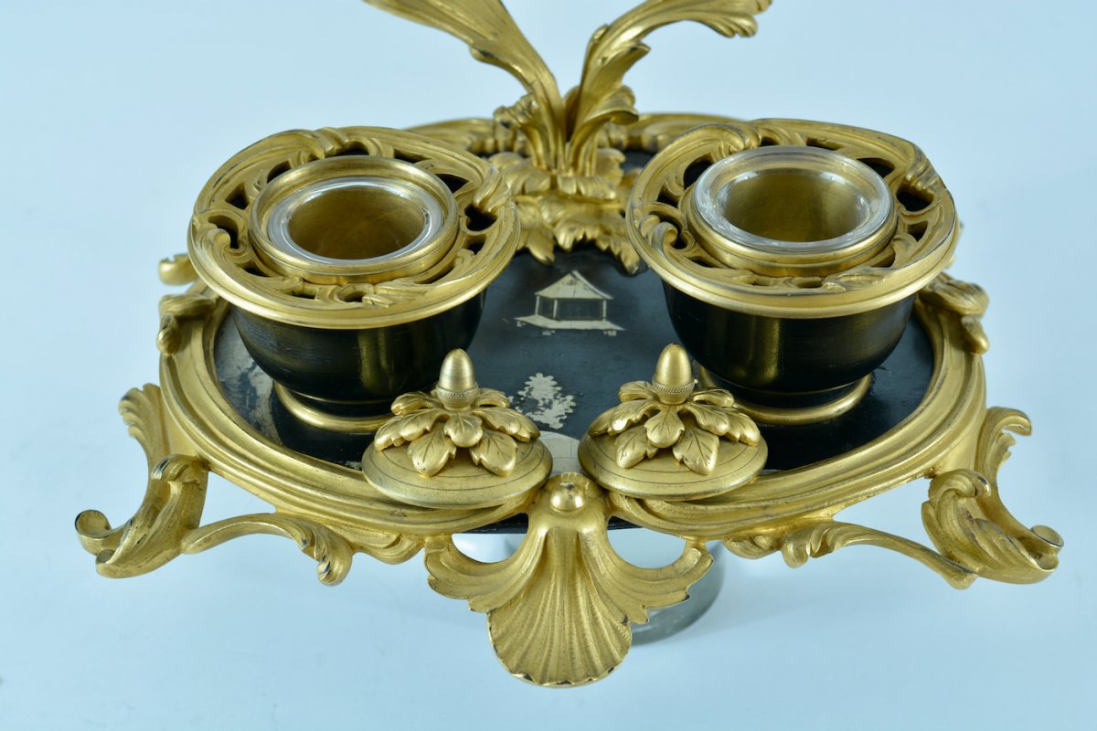 Beautiful Louis XV Rocaille Desk Inkwell Gilt Bronze Pen Holder Signed Millet François Linke Inkwel-photo-2