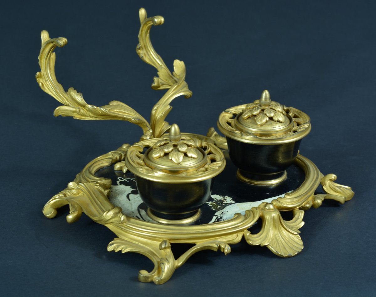 Beautiful Louis XV Rocaille Desk Inkwell Gilt Bronze Pen Holder Signed Millet François Linke Inkwel