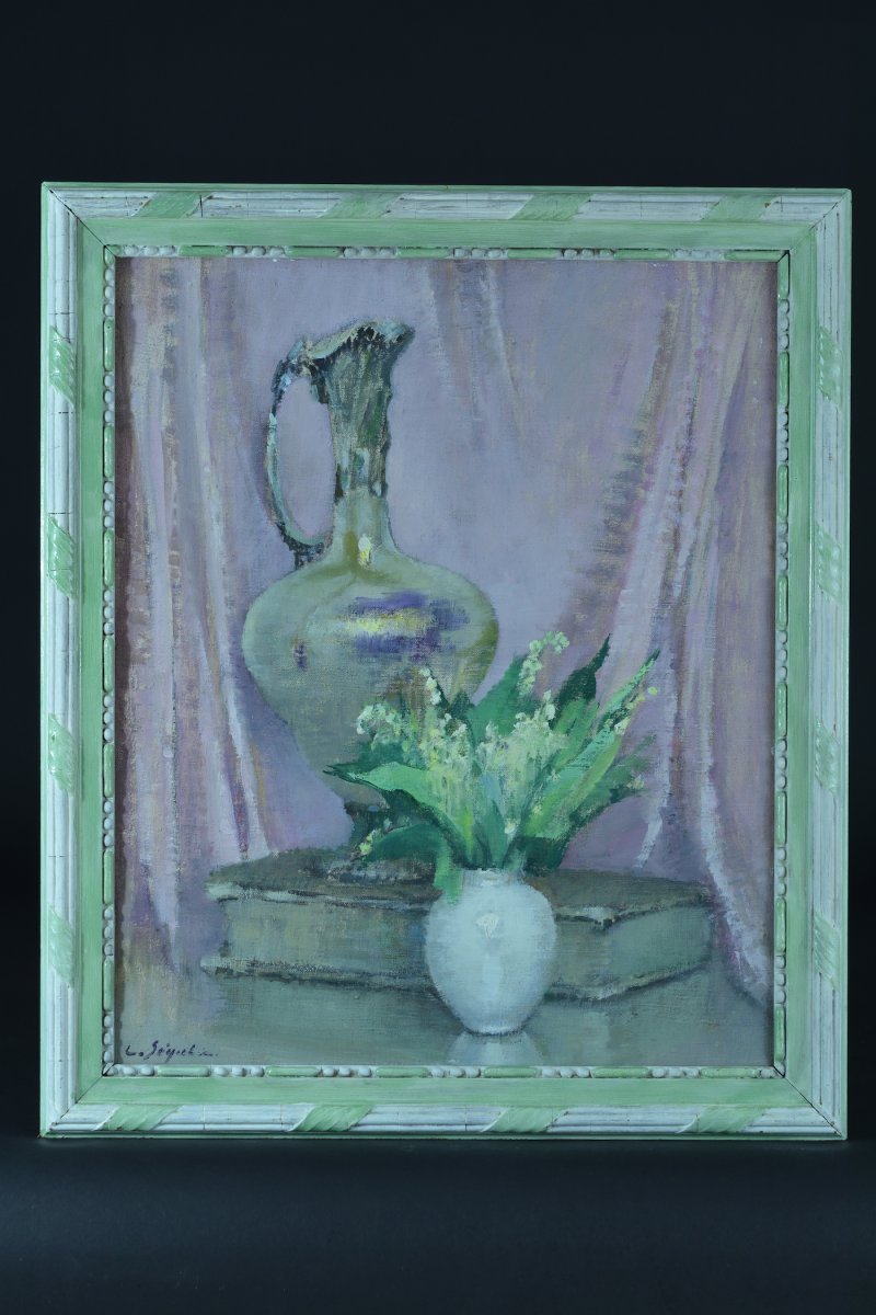 Ancien Tableau Art Deco Nature Morte Bouquet De Fleurs Aiguière Livre Muguet Seguela-photo-2