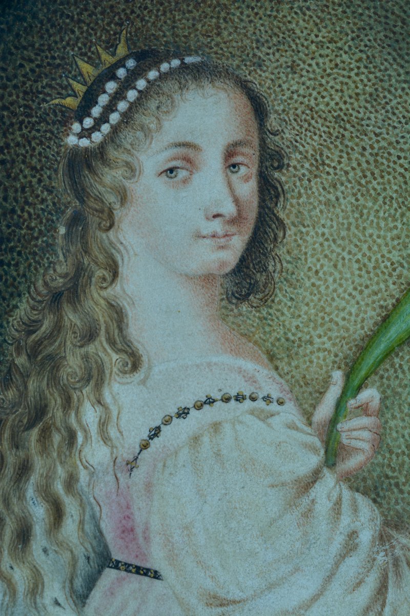 Tableau 17ème Ancien Portrait Sainte Catherine d' Alexandrie Vélin Cadre Bois Doré -photo-3