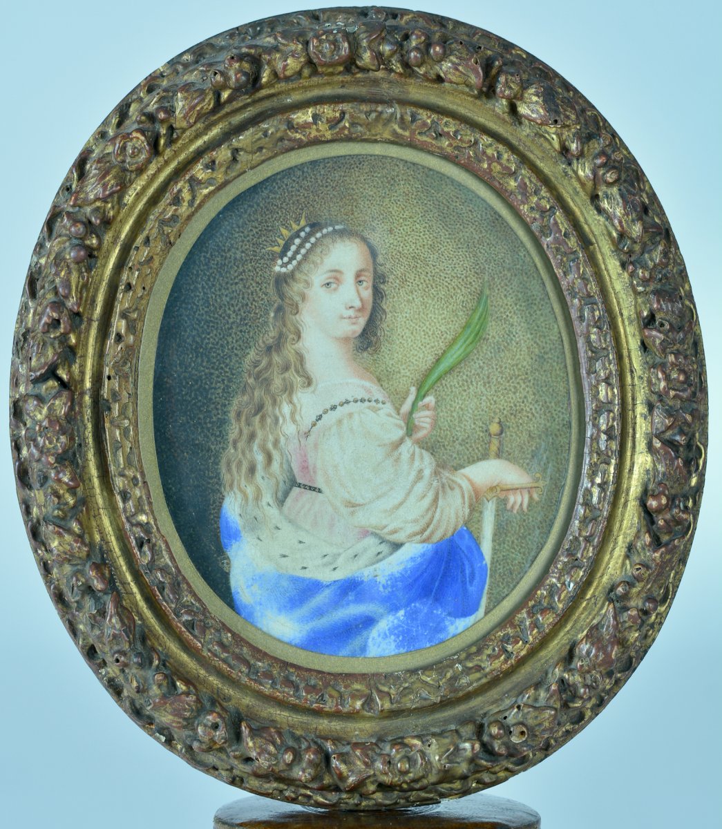 17th Table Old Portrait Saint Catherine Of Alexandria Vellum Golden Wood Frame-photo-1