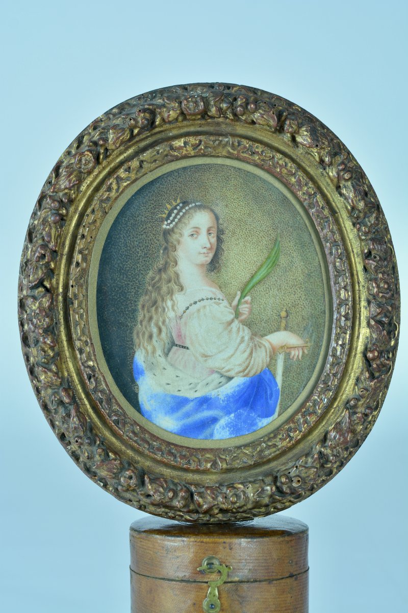 17th Table Old Portrait Saint Catherine Of Alexandria Vellum Golden Wood Frame-photo-4