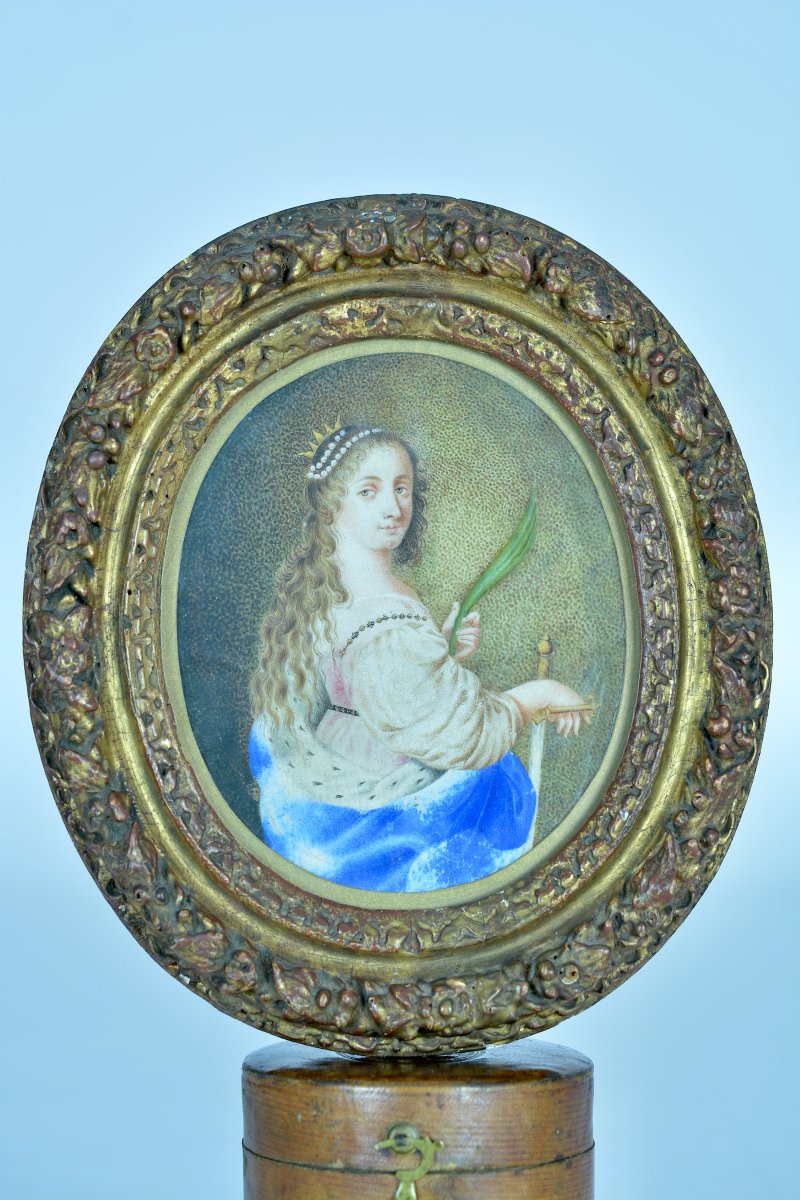 Tableau 17ème Ancien Portrait Sainte Catherine d' Alexandrie Vélin Cadre Bois Doré 