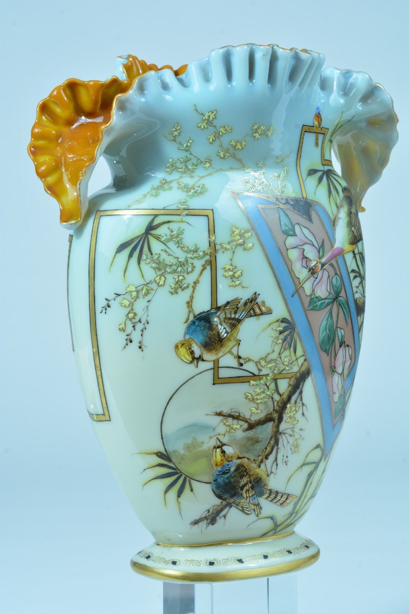 Vase Ancien Opaline Email Napoleon 3 Saint Louis Baccarat Rose Grue Japonisme-photo-5