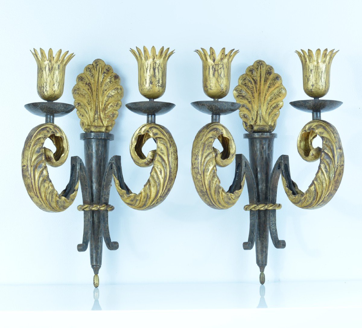 Gilbert Poillerat 1940 Pair Of Large Wall Sconces Metal Dore Baroque Design Deco Yves Gas-photo-2