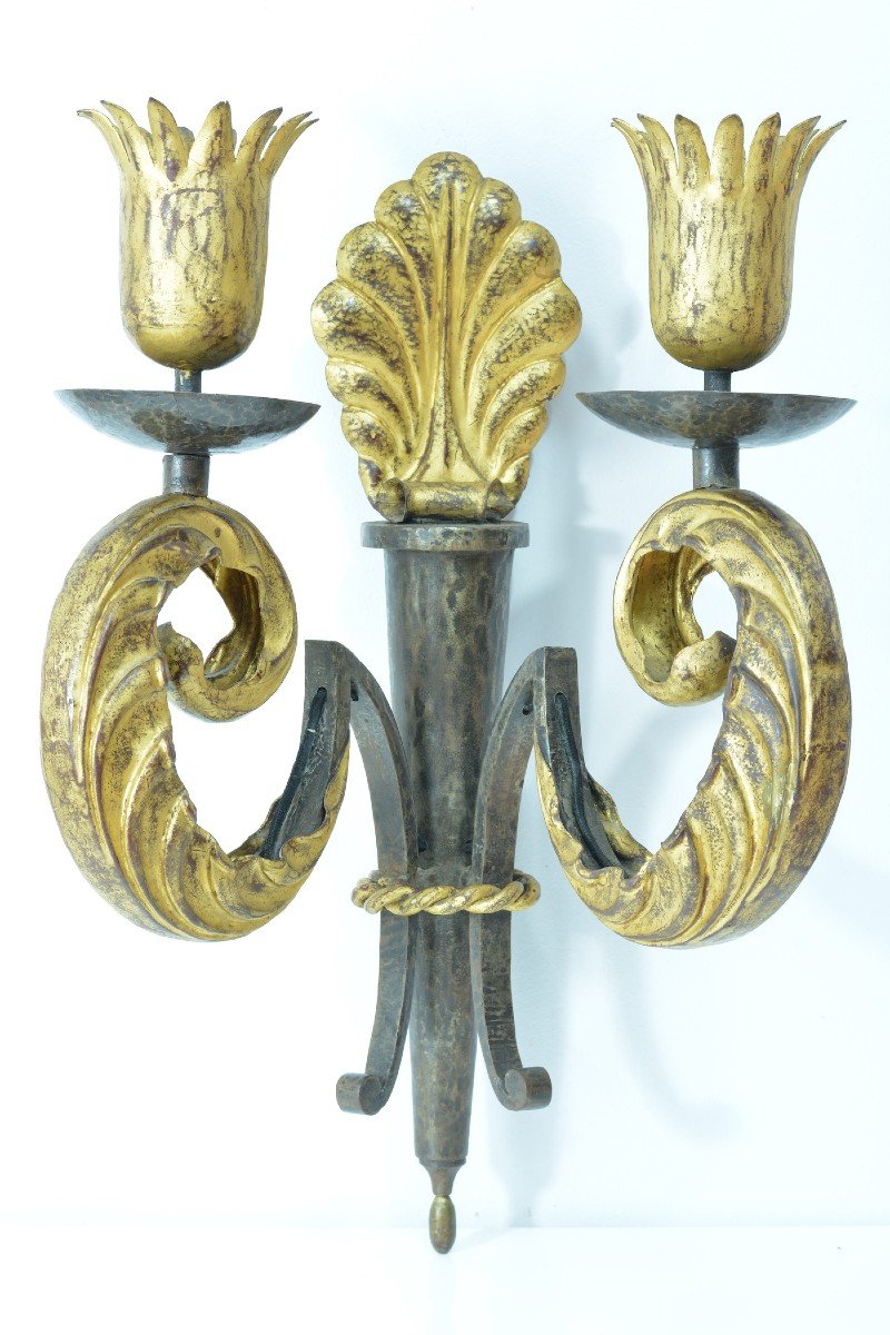 Gilbert Poillerat 1940 Pair Of Large Wall Sconces Metal Dore Baroque Design Deco Yves Gas-photo-3