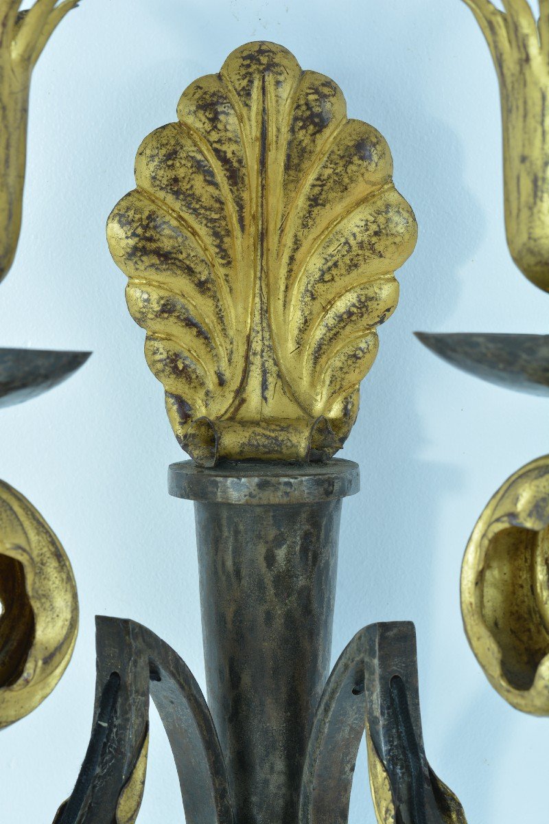 Gilbert Poillerat 1940 Pair Of Large Wall Sconces Metal Dore Baroque Design Deco Yves Gas-photo-4