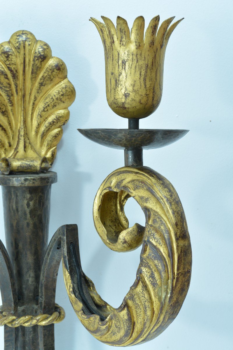 Gilbert Poillerat 1940 Pair Of Large Wall Sconces Metal Dore Baroque Design Deco Yves Gas-photo-1