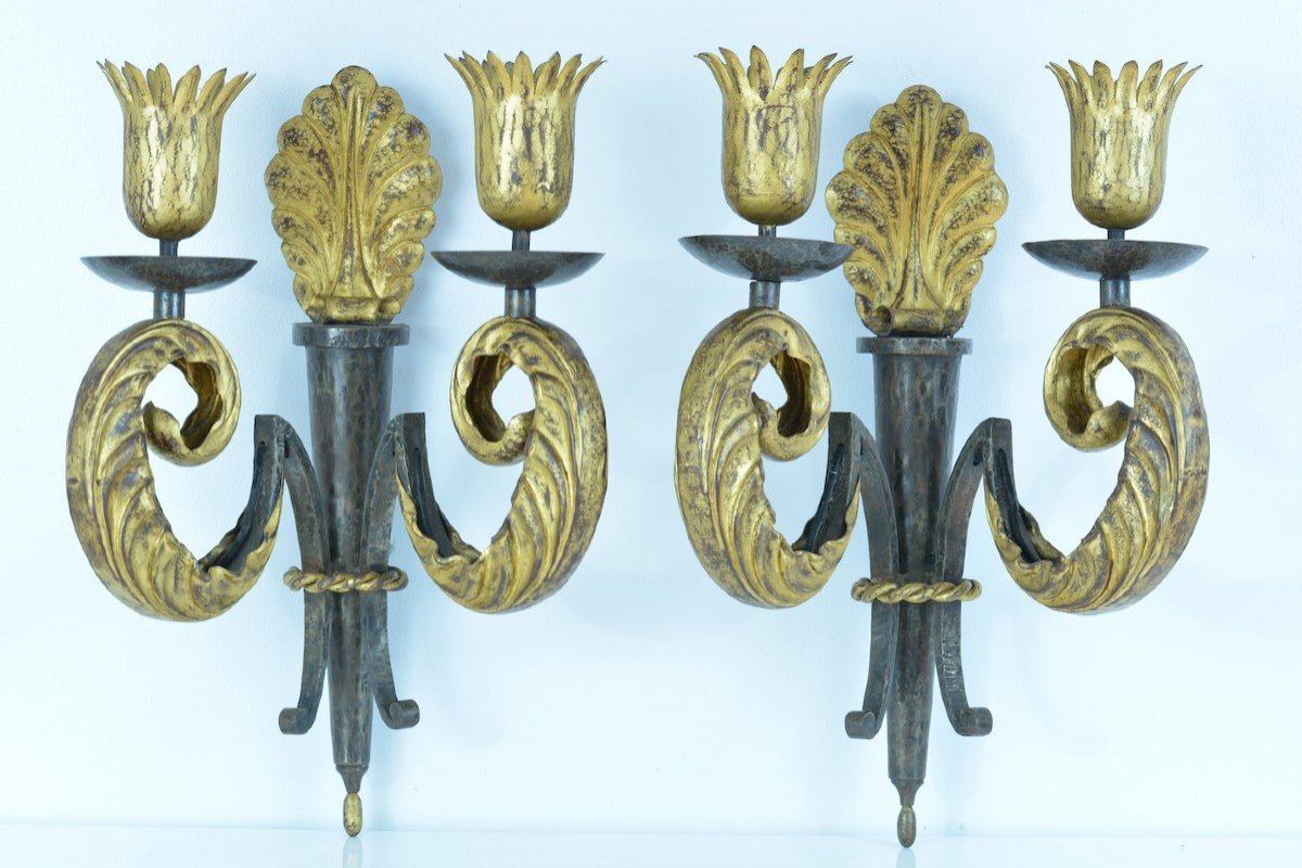 Gilbert Poillerat 1940 Pair Of Large Wall Sconces Metal Dore Baroque Design Deco Yves Gas-photo-4