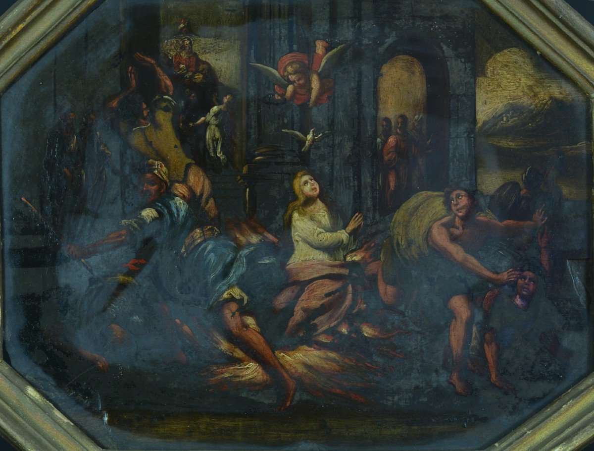 Jacques Stella sv.  Tableau Ancien 17 ème Sur Ardoise Scène Religieuse Pentecôte Ange Vierge Pentecôte