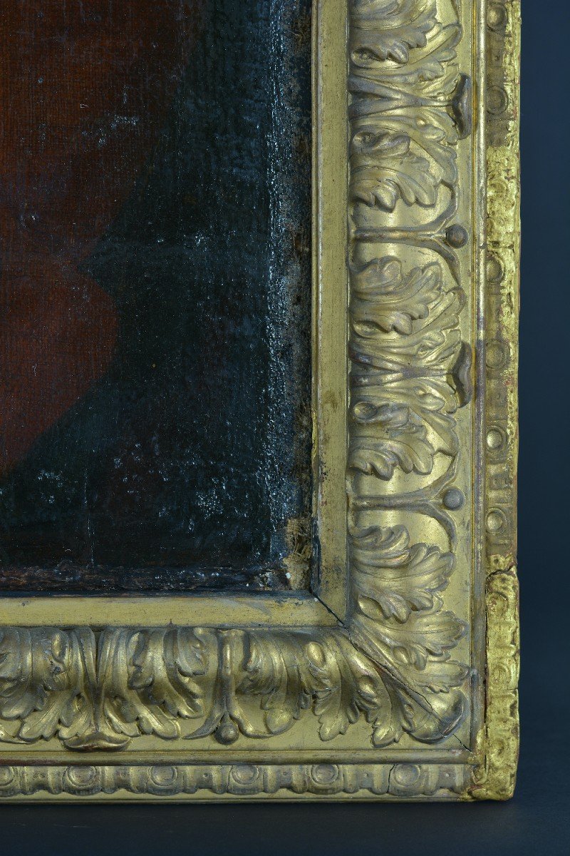 Grand  Tableau Ancien Portrait Homme Perruque Costume Rouge époque Louis XV Cadre-photo-5
