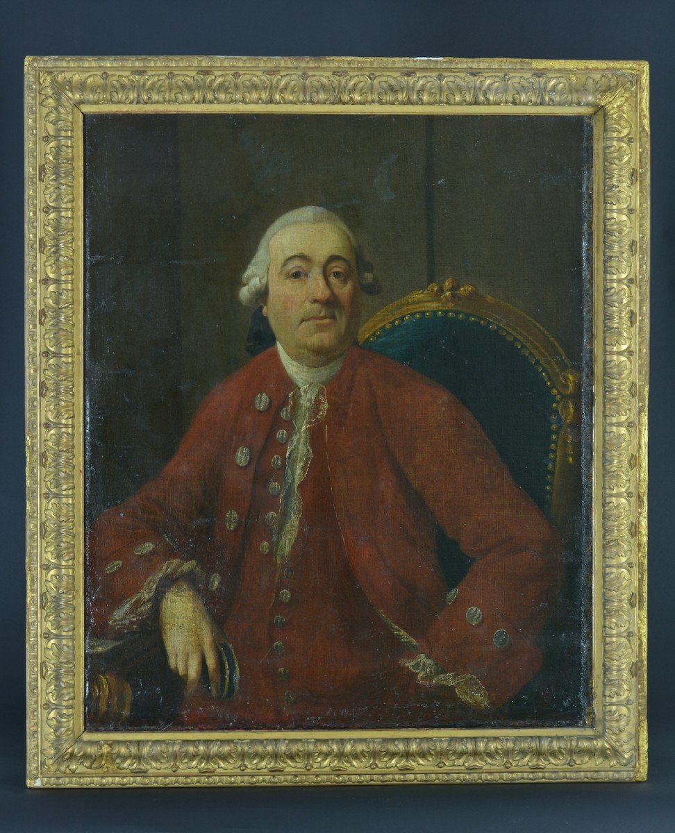 Grand  Tableau Ancien Portrait Homme Perruque Costume Rouge époque Louis XV Cadre-photo-8