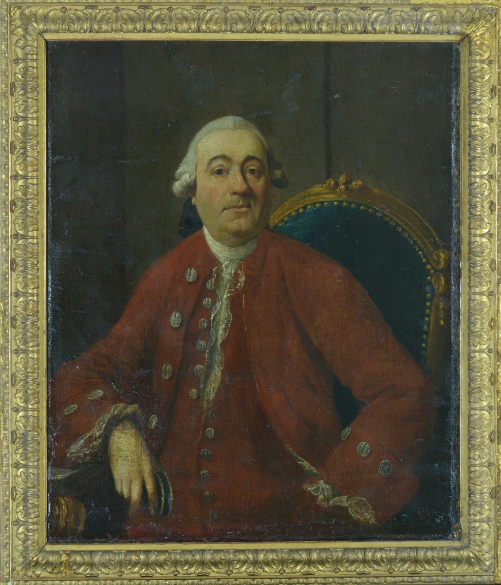 Grand  Tableau Ancien Portrait Homme Perruque Costume Rouge époque Louis XV Cadre