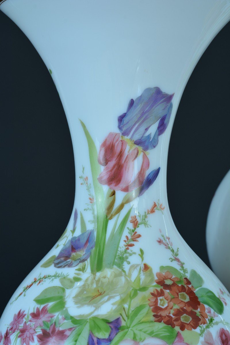 Old Polychrome Opaline Vase Workshop Of Baccarat Flowers Glass 19th X 2-photo-1