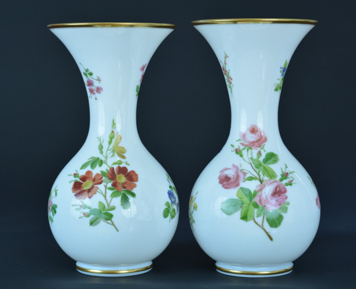 Old Polychrome Opaline Vase Workshop Of Baccarat Flowers Glass 19th X 2-photo-3