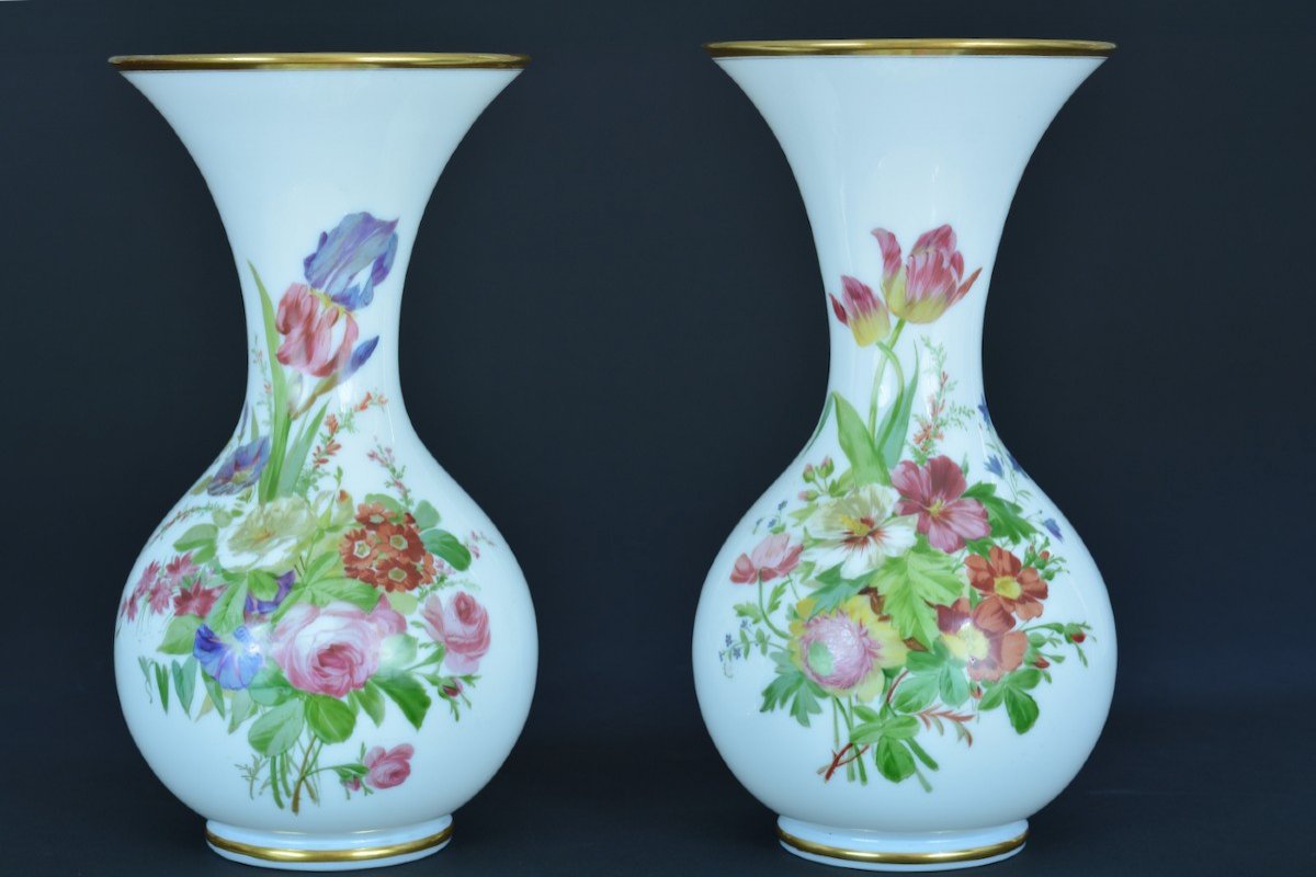 Ancien Vase Opaline Polychrome Atelier De Robert Baccarat Fleurs Glass 19ème X 2 