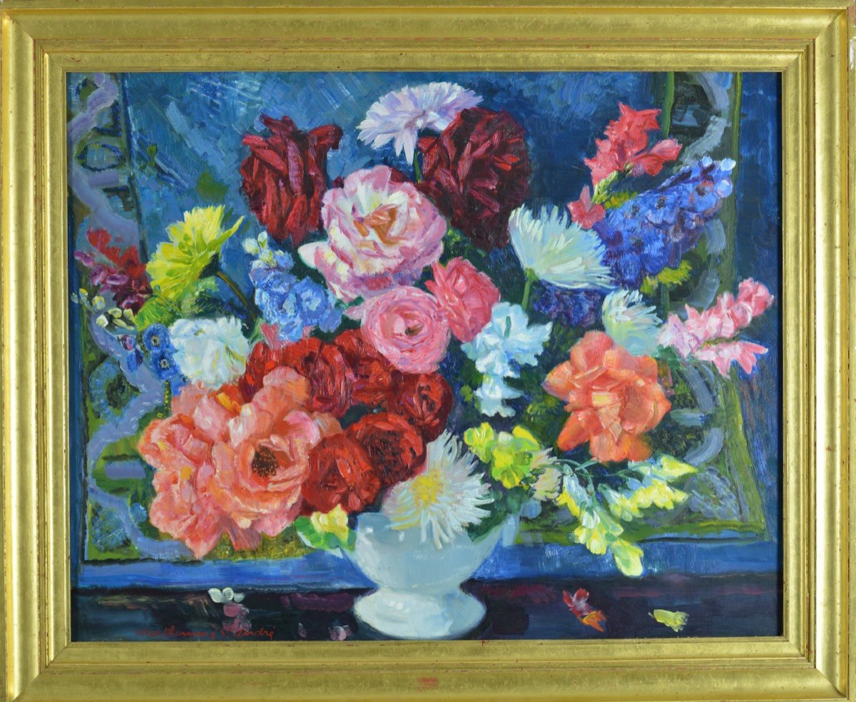 Grand Tableau Ancien Berthommé Saint André Nature Morte Bouquets De Fleurs Pivoines Cadre HST-photo-8