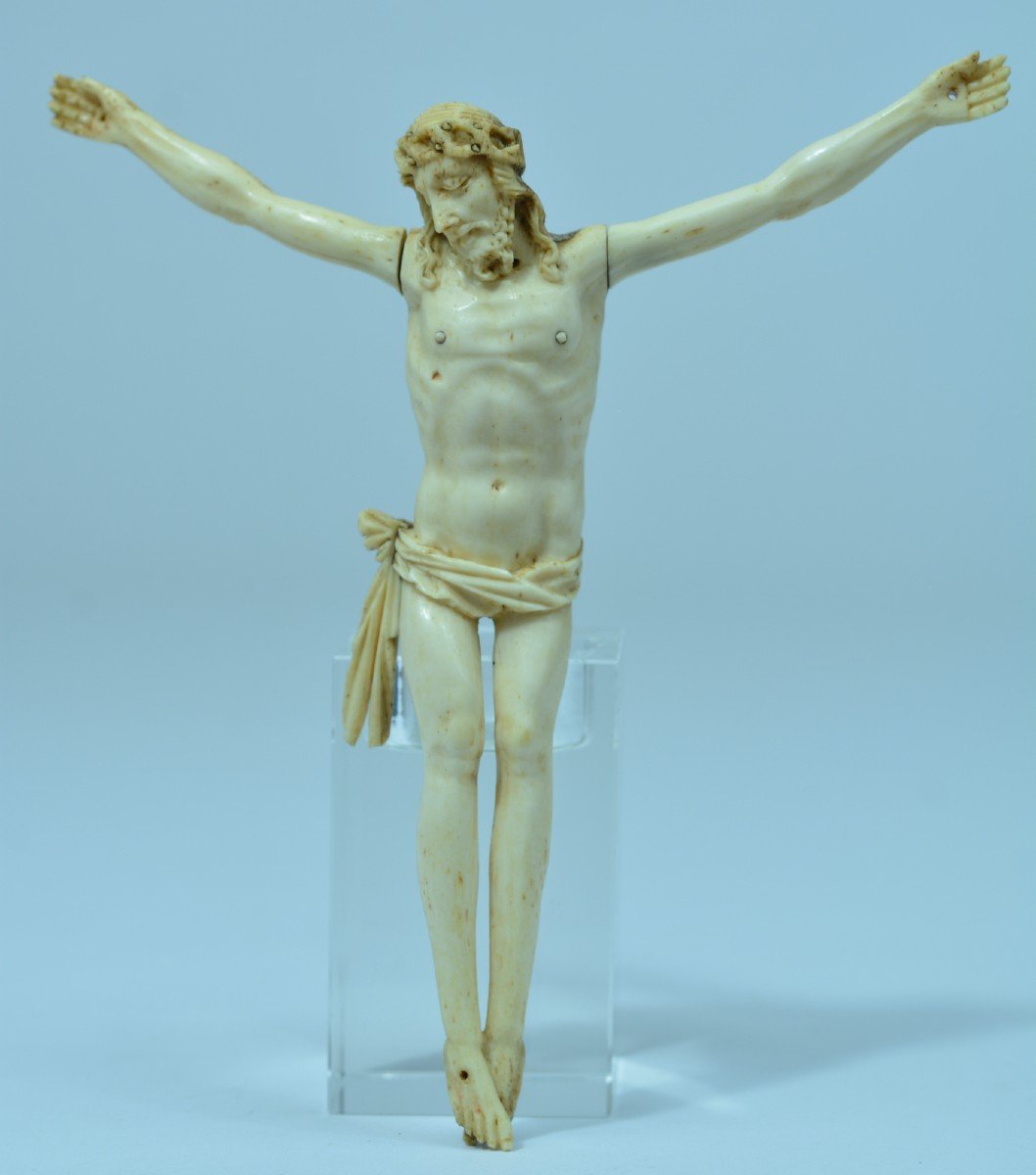 Ancien Beau Christ Corpus Christi Patiens Sculpté 18ème Religieux Crucifix Ivoire -photo-2